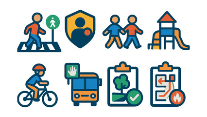 Flat vector icons of safety outside the home: crossing street safely icon, stranger awareness badge, buddy system walking symbol, safe playground rules, bike riding with helmet checklist, public