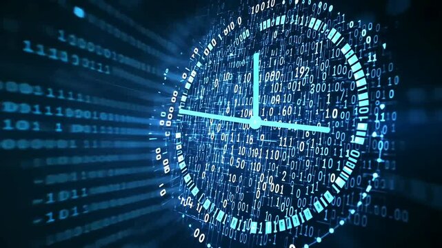 Digital clock face emerges from glowing blue binary code, hands ticking, symbolizing time's passage in the information age. Data flows - Powered by Adobe