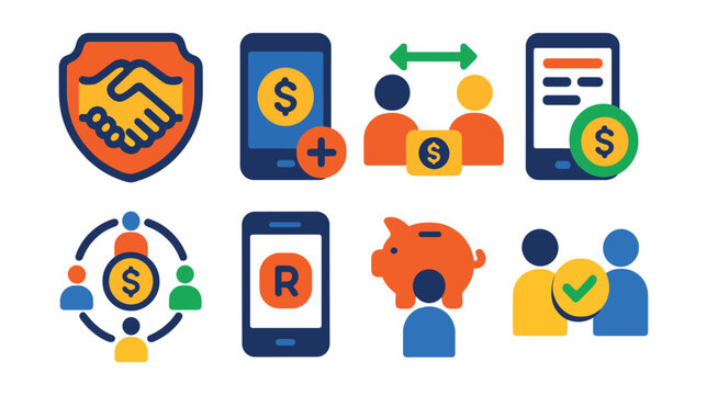 Flat vector icons of peer-to-peer finance: peer lending badge, microloans app icon, money sharing between friends, debt tracking app, group funding circle, mobile money request button, informal