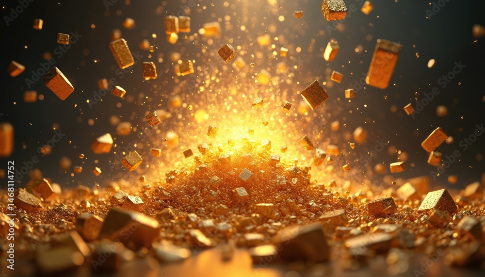 Poster illustration shows vibrant explosion of gold pieces with glowing particles, creating dynamic energy.