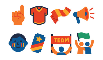 Fototapeta premium Flat vector icons of fan gear and support: foam finger fan icon, team jersey badge, sports scarf waving, fan megaphone yell, face paint stripes, stadium ticket badge, team victory banner, supporter