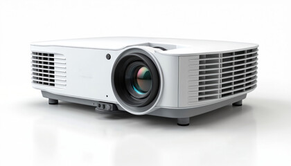 White multimedia projector isolated on white background. Modern tech device for presentations, cinema at home, classroom lessons. Shows image, video, slides on display screen. Tech for business,