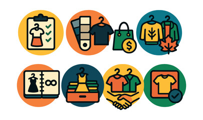 Flat vector icons of building capsule wardrobes: planning versatile outfits badge, choosing neutral basics badge, buying multi-functional clothing badge, building seasonal capsules badge,