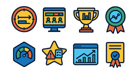 Flat vector icons of project analytics: project timeline tracking badge, resource allocation dashboard medal, budget vs actual costs trophy, project milestone analysis ribbon, project health score