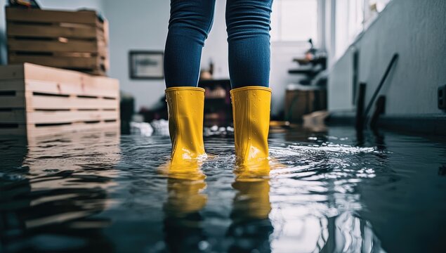 Flooded home interior. Person in yellow rainboots walks through water damage