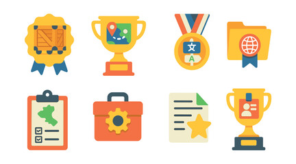 Flat vector icons of traveling exhibitions: rolling crate set badge, shipping route map trophy, multilingual signage pack medal, international customs folder ribbon, local adaptation checklist icon,