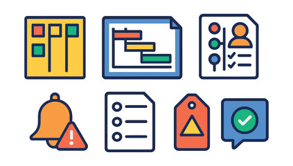 Flat vector icons of project management tools: kanban board icon, project timeline chart, task assignment sheet, project milestones tracker, deadline alert bell, backlog list icon, priority tag,