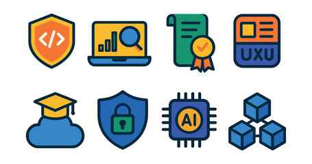 Flat vector icons of technical skills development: coding skills badge, data analysis tools icon, project management certification, UX/UI design course badge, cloud computing learning, cybersecurity