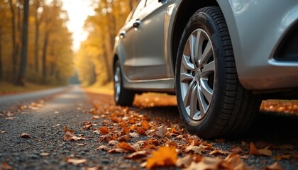 Car on gravel road in autumn forest. Side view shows car wheel, autumn leaves. Travel in fall season on vacation at rural destination. Sunlight creates warm mood.