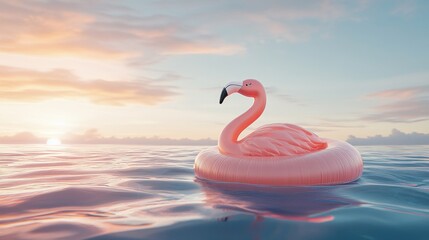 Fototapeta premium Pink Flamingo Inflatable Float on Calm Ocean at Sunset