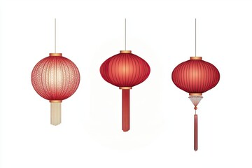 Three Chinese lanterns in varying styles,  reddish-pink, hanging from strings.  Detailed, illustrated design elements