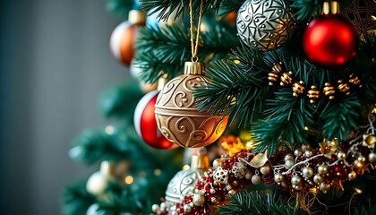 Obraz premium close up of a christmas tree with ornaments