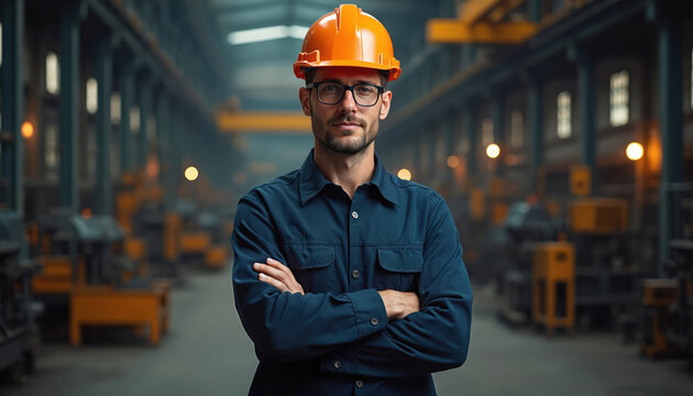 Handsome industry engineer in orange helmet and glasses smiles at camera in steel factory. Pro worker man in uniform with crossed arms poses. Industrial occupation, heavy industry.
