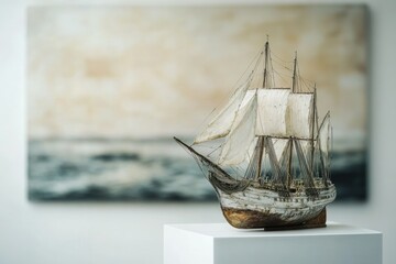 Intricate model of a historical sailing ship displayed against a seascape painting.