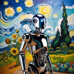 Robot Art in the starry Night: A polished robot stands amidst the art landscape of a famous art, blending technology and the world of art, exploring the nature of creation.