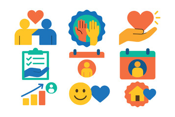 Flat vector icons of social connection and community building: friendship appreciation icon, join a new club badge, community service tracker, random acts of kindness reminder, reconnect with old
