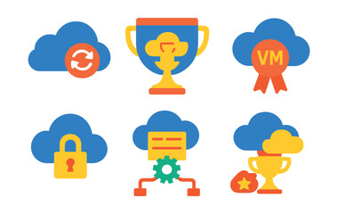 Flat vector icons of cloud computing: cloud with sync arrows badge, SaaS window trophy, cloud upload and download medal, virtual machine symbol ribbon, cloud storage lock icon, elastic server badge,