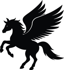 Black Silhouette of Pegasus: A majestic pegasus, a winged horse from Greek mythology, is depicted in a powerful black silhouette against a white background.