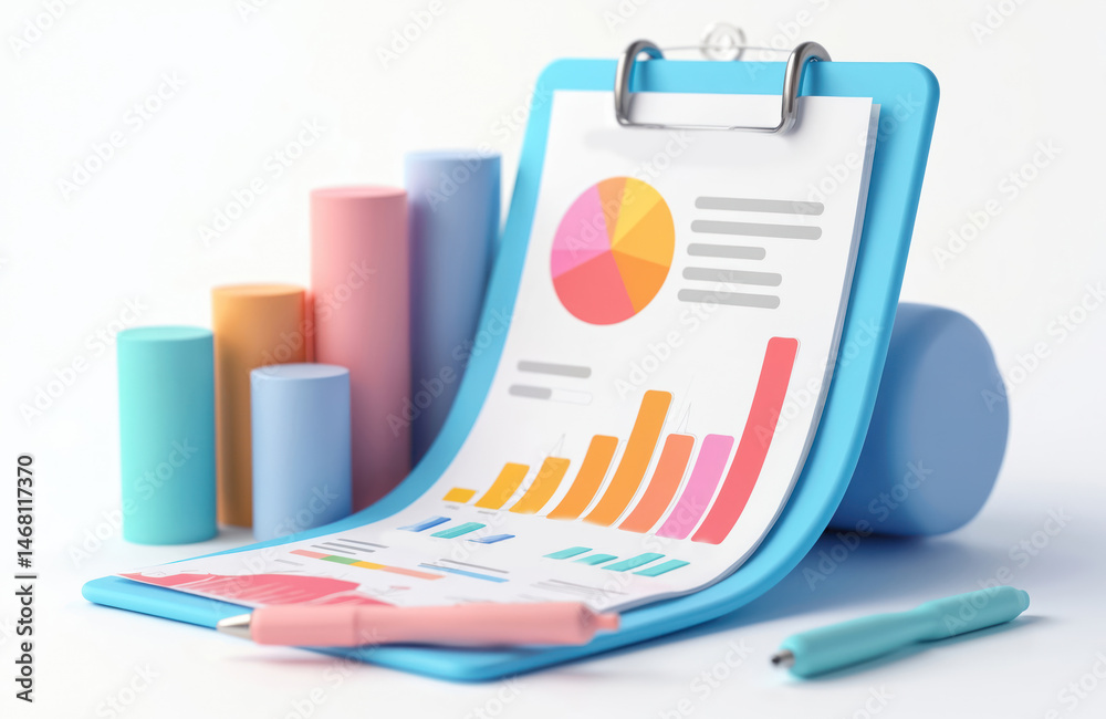 Poster 3d illustration with colorful charts graphs on clipboard. data analysis, modern design elements, for