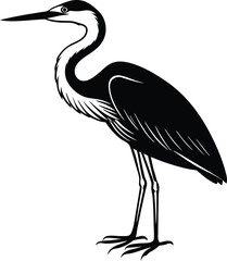 Elegant Heron Silhouette: A captivating artistic rendering of a graceful heron in a minimalist monochrome style. The bird stands tall, its silhouette a study in contrasts and elegant simplicity.