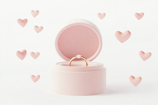 Delicate engagement ring nestled in a charming pink box, surrounded by hearts - Powered by Adobe