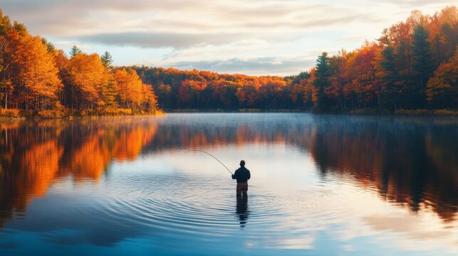 Casting a fishing line into a serene lake surrounded by vibrant fall foliage during a peaceful vacation