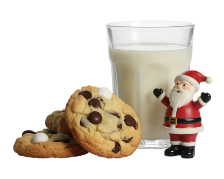 Christmas Cookies with Milk and Santa Figurine – Isolated on Transparent Background