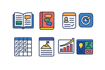 Flat vector icons of coaching tools and resources: coaching workbook template, coaching questions journal, feedback and reflection form, coaching tools app badge, success habit tracker, personal