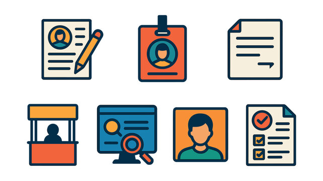 Flat vector icons of job hunting essentials: resume writing icon, job interview badge, cover letter document, online application form, career fair booth, job board search, professional profile photo,