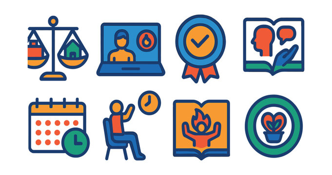 Flat vector icons of workplace well-being: work-life balance scale icon, stress management course, mental wellness at work badge, employee assistance program guide, flexible schedule policy, office