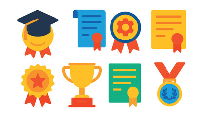 Flat vector icons of educational achievements: graduation cap badge, course completion diploma, skills mastery badge, honor roll certificate, excellence award badge, learning milestone trophy,