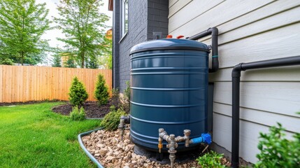 Modern Water Storage Tank Next to House on a Sunny Day Surrounded by Green Grass and Neat Landscaping with Trees and Fencing in the Background