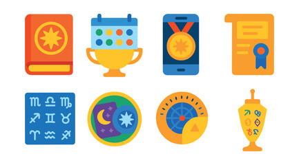 Flat vector icons of astrology tools: ephemeris book badge, planetary calendar trophy, astrology mobile app medal, birth time form ribbon, glyph cheat sheet icon, tarot + astrology badge,