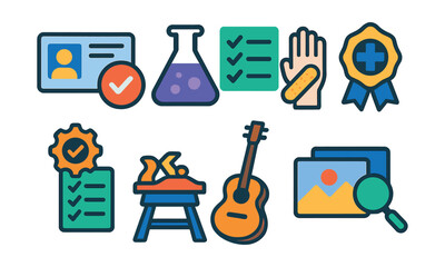 Flat vector icons of practical skill exams: driving license exam badge, practical lab assessment icon, technical skills demonstration test, clinical skills exam badge, workshop assessment badge,