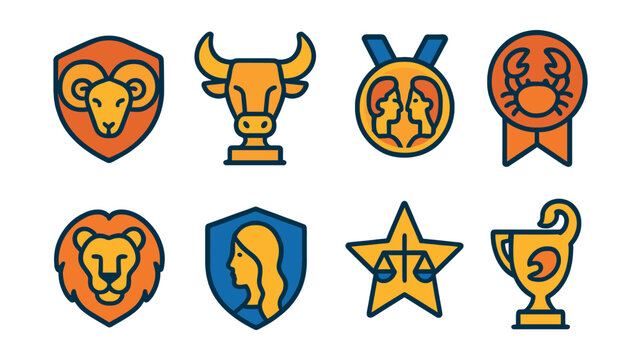 Flat vector icons of zodiac signs: Aries ram badge, Taurus bull trophy, Gemini twins medal, Cancer crab ribbon, Leo lion head icon, Virgo maiden symbol badge, Libra scale star, Scorpio scorpion tail