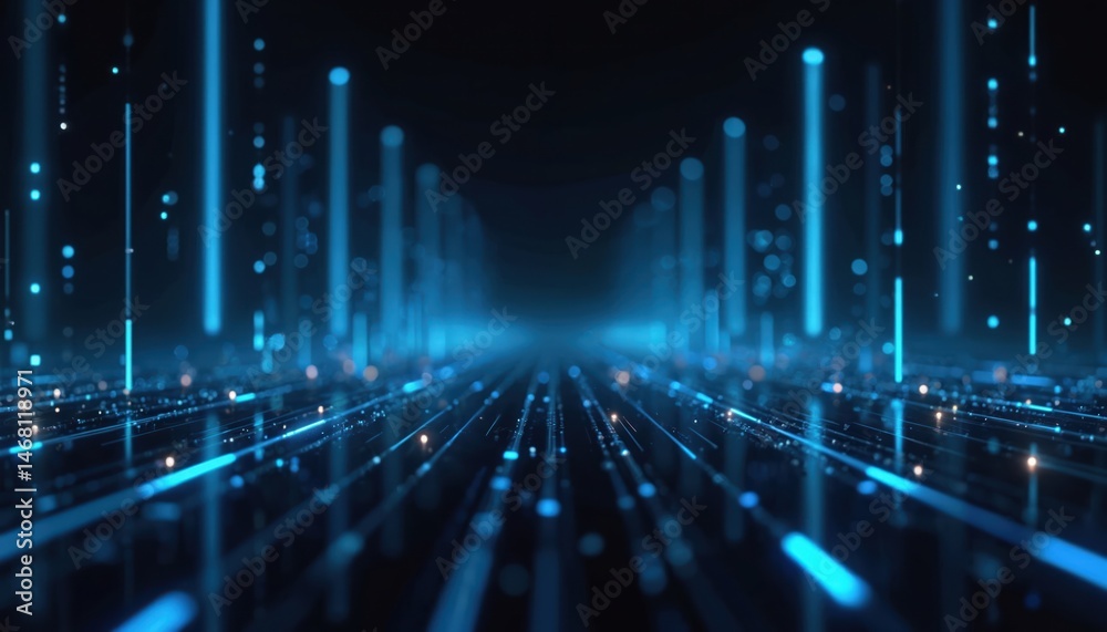 Poster Futuristic digital landscape with vertical blue lines and glowing dots creates a modern tech-inspired atmosphere. Cyberpunk theme, data stream concept for tech projects, innovation visualizations.
