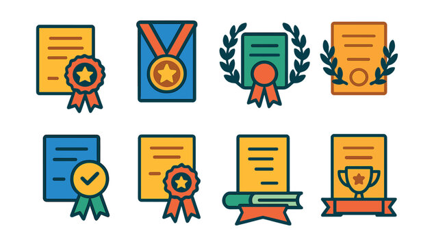 Flat vector icons of special honors diplomas: magna cum laude diploma badge, summa cum laude honors diploma, academic distinction diploma, department honors certificate, dean&rsquo;s list diploma badge,