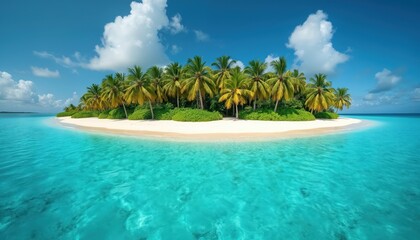 Obraz premium Deserted tropical island with clear blue water lagoon, white sand beach and palm trees. Paradise vacation place at sea. Summer holiday, travel at exotic ocean coast.