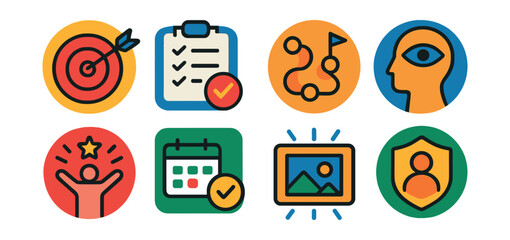 Flat vector icons of personal coaching: goal setting session badge, action plan checklist, personal growth roadmap, self-awareness coaching session, motivation boost guide, habit-building tracker,