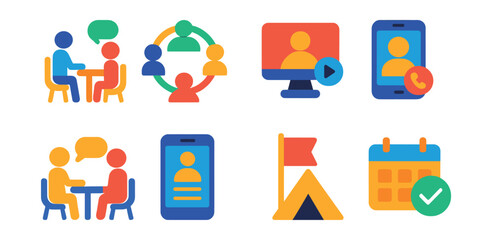 Flat vector icons of coaching sessions formats: one-on-one coaching session, group coaching circle, coaching webinar badge, coaching call icon, in-person coaching meeting, coaching app platform,