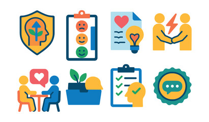 Flat vector icons of emotional intelligence coaching: self-awareness growth badge, emotional regulation tracker, empathy development plan, conflict management coaching, relationship building session,