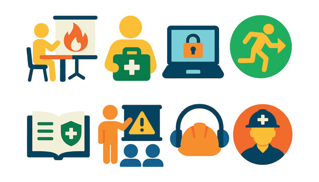 Flat vector icons of safety training programs: fire safety workshop icon, workplace first aid course, cybersecurity awareness training, emergency evacuation drill badge, health and safety compliance