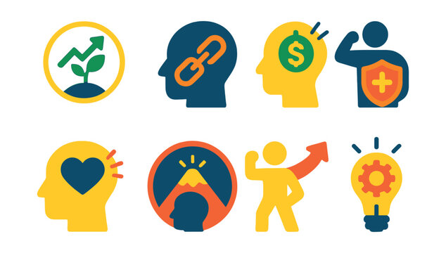 Flat vector icons of mindset coaching: growth mindset coaching badge, overcoming limiting beliefs course, abundance mindset session, mental resilience workshop, positive psychology tools,