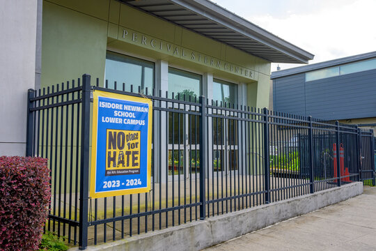 New Orleans, LA, USA - April 27, 2025: Front of the Percival Stern Center at the Isidore Newman School with No Place for Hate, an ADL Education sign 