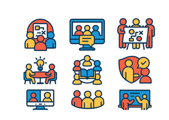 Flat vector icons of collaborative learning: group project discussion badge, online study group icon, teamwork learning exercise, brainstorming session table, knowledge sharing circle, peer feedback