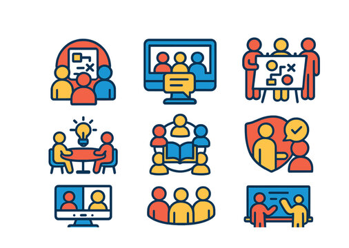 Flat vector icons of collaborative learning: group project discussion badge, online study group icon, teamwork learning exercise, brainstorming session table, knowledge sharing circle, peer feedback