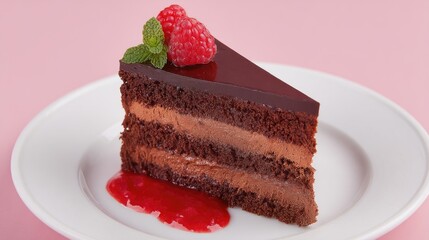 Decadent Chocolate Cake Raspberry Topping with Pink Background.
