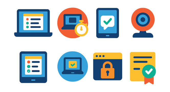 Flat vector icons of online exams: online test platform icon, timed online exam badge, digital exam authentication check, webcam proctoring icon, online multiple-choice test, e-exam dashboard badge,