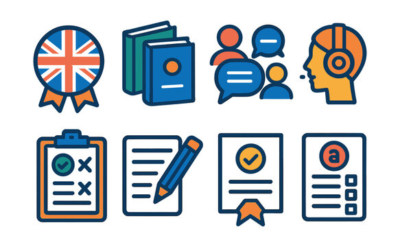 Flat vector icons of language exams: English proficiency test badge, TOEFL and IELTS prep book, oral exam conversation icon, listening comprehension test, grammar and vocabulary quiz, essay writing