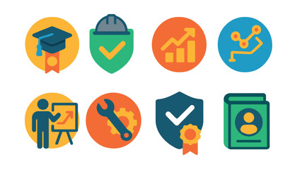 Flat vector icons of corporate certification programs: employee training certification badge, workplace safety certification, sales skills certification, project management certification path,